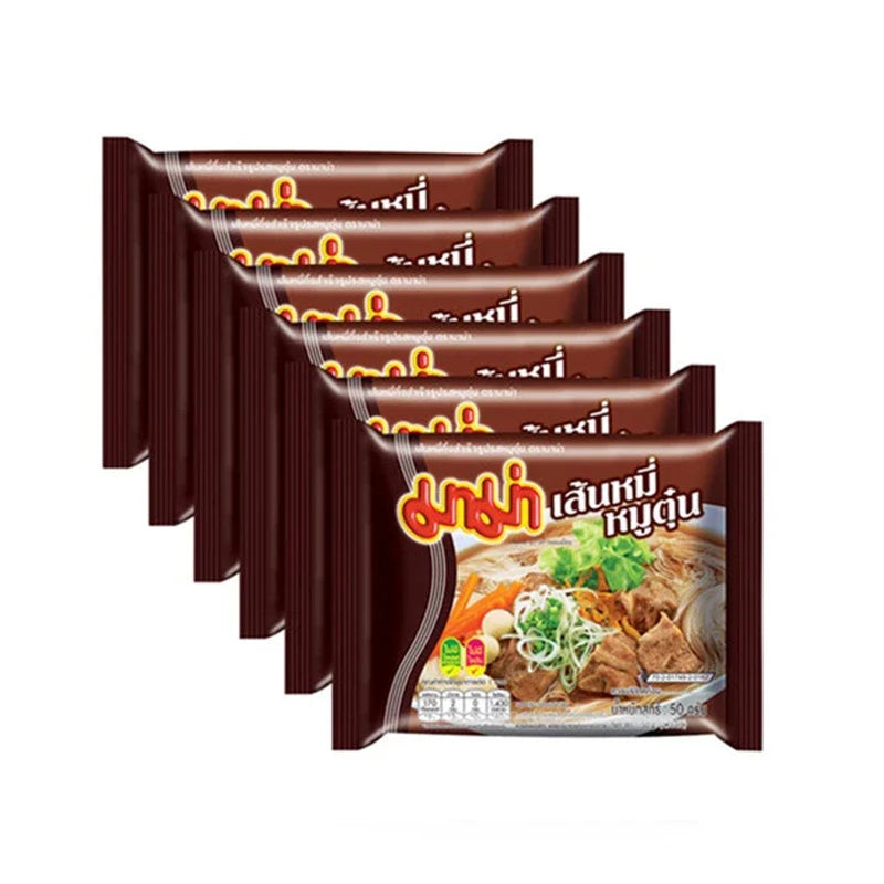 MAMA Braised Pork Noodles packets, dry grocery product with colorful packaging, ready-to-cook instant noodle meal.