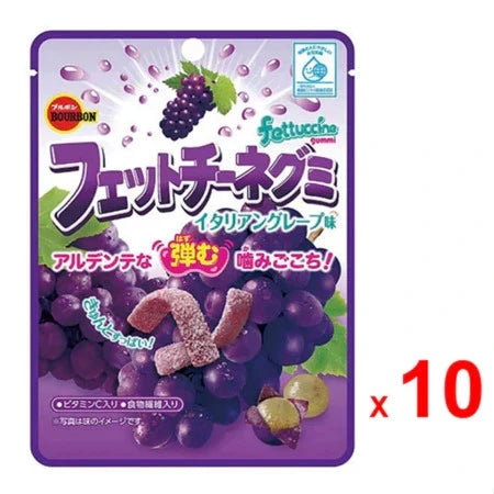 Bourbon Fettuccine Gummy candies with grape juice flavor, colorful gummy strips on a white background, dry grocery snack.