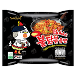 Spicy Samyang Hot Chicken Ramen in a grocery package with bright red and black packaging and Korean branding.