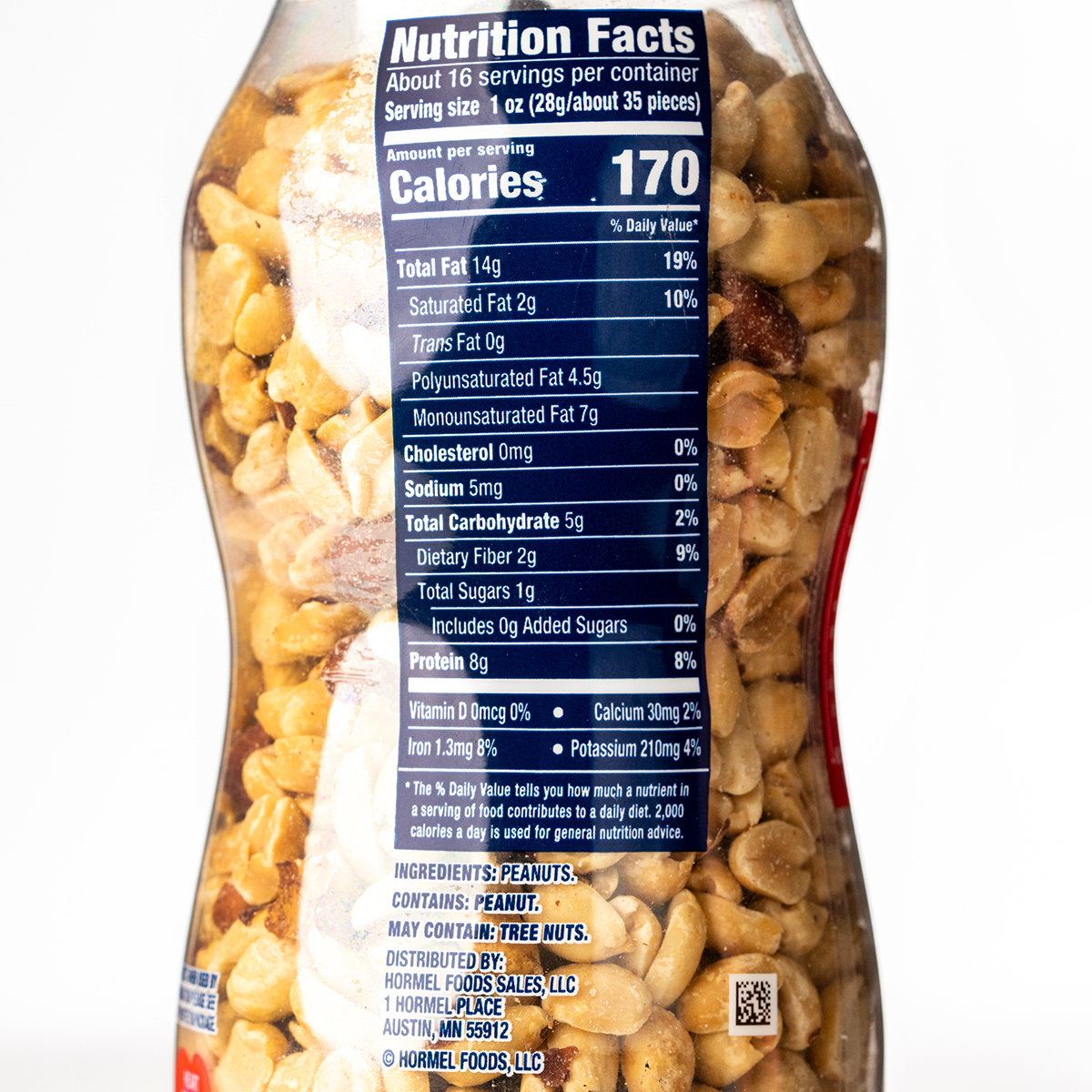 Planters Peanuts Dry Roasted Unsalted snack pack showing a handful of dry roasted peanuts in a bowl