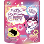 Fujiya Kuromi chocolate cookies, confectionery snacks with cute black and white character design, arranged on a plate.