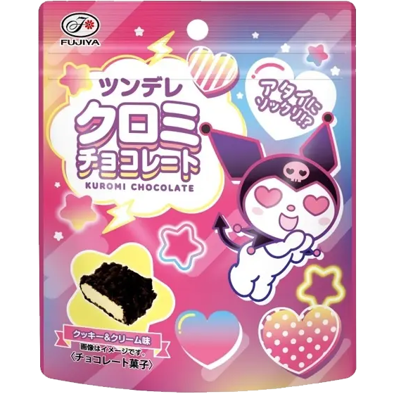 Fujiya Kuromi chocolate cookies, confectionery snacks with cute black and white character design, arranged on a plate.