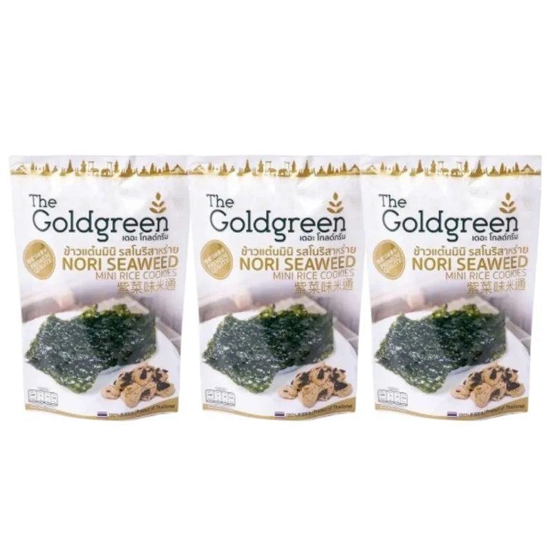 Goldgreen Mini Rice Cookies with Nori Seaweed, 40g, a crunchy snack from THE GOLDGREEN brand, featuring rice and seaweed flavor.