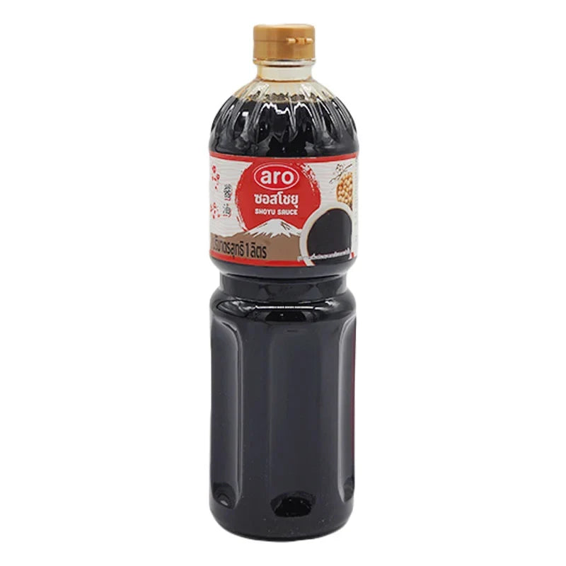 Aro Shoyu soy sauce bottle, 1-liter size, in a clear glass container with a red cap, shown on a plain background.