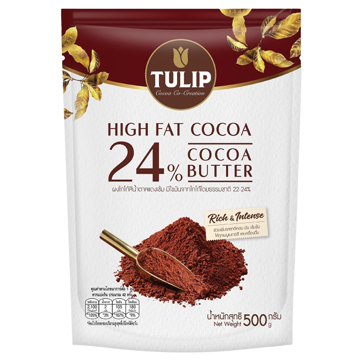 Tulip dark red brown cocoa powder, 24% cocoa content, in a grocery product image showing a container of Tulip cocoa powder.