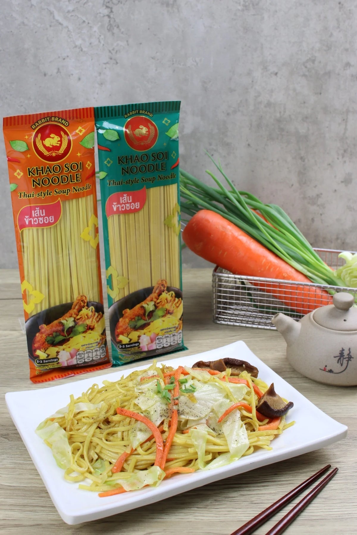 Dried Rabbit Brand Khao Soi noodles in a clear package, ready for cooking in traditional Thai cuisine.