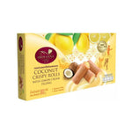 Sriwanna coconut crispy rolls with lemon cream filling, a snack confectionery in a 80g package, featuring golden crispy rolls.