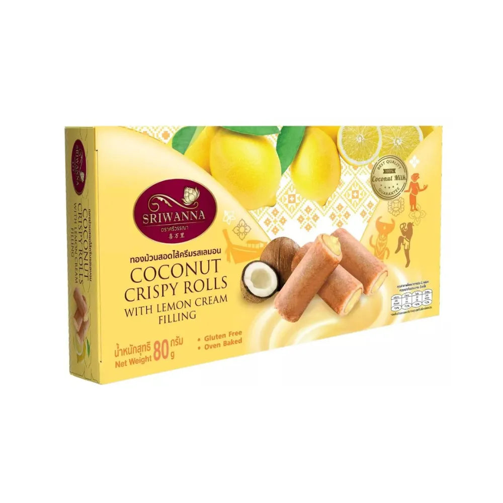 Sriwanna coconut crispy rolls with lemon cream filling, a snack confectionery in a 80g package, featuring golden crispy rolls.