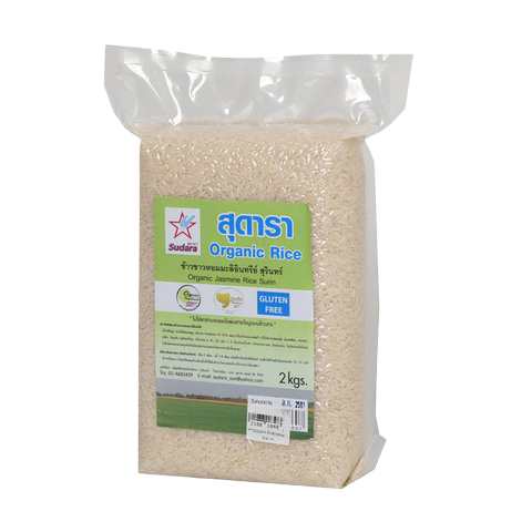 Bag of Sudara Organic Jasmine Rice, healthy grocery product with fluffy, fragrant rice grains in a clear bag.