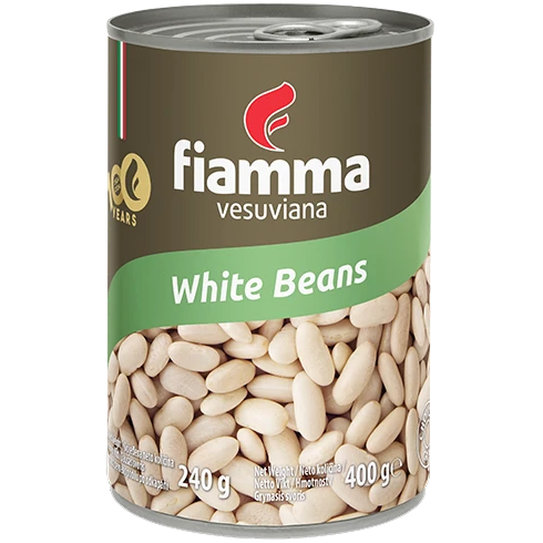 Cans of Fiamma Vesuviana White Beans, grocery product with white beans in white cans, labeled with Fiamma Vesuviana brand.