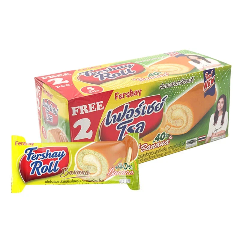 Fershay Banana Cake Roll snack, 20g, dry grocery confectionery with banana flavor, packaged in a colorful wrapper.