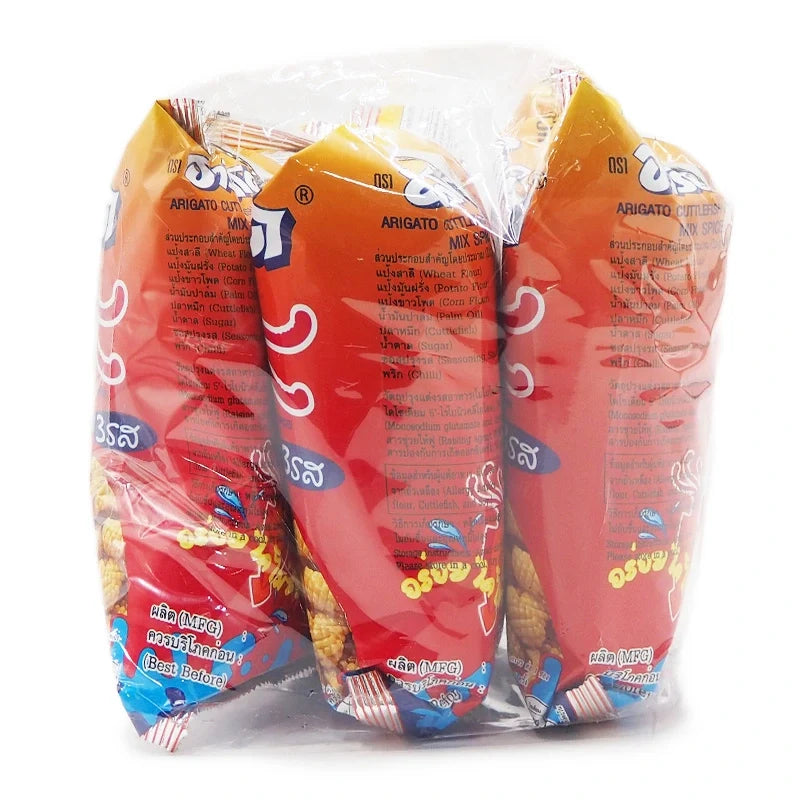 ARIGATO Arigato Cuttlefish Cracker 65g snack pack, dry grocery seafood-flavored cracker with three packs in the image.