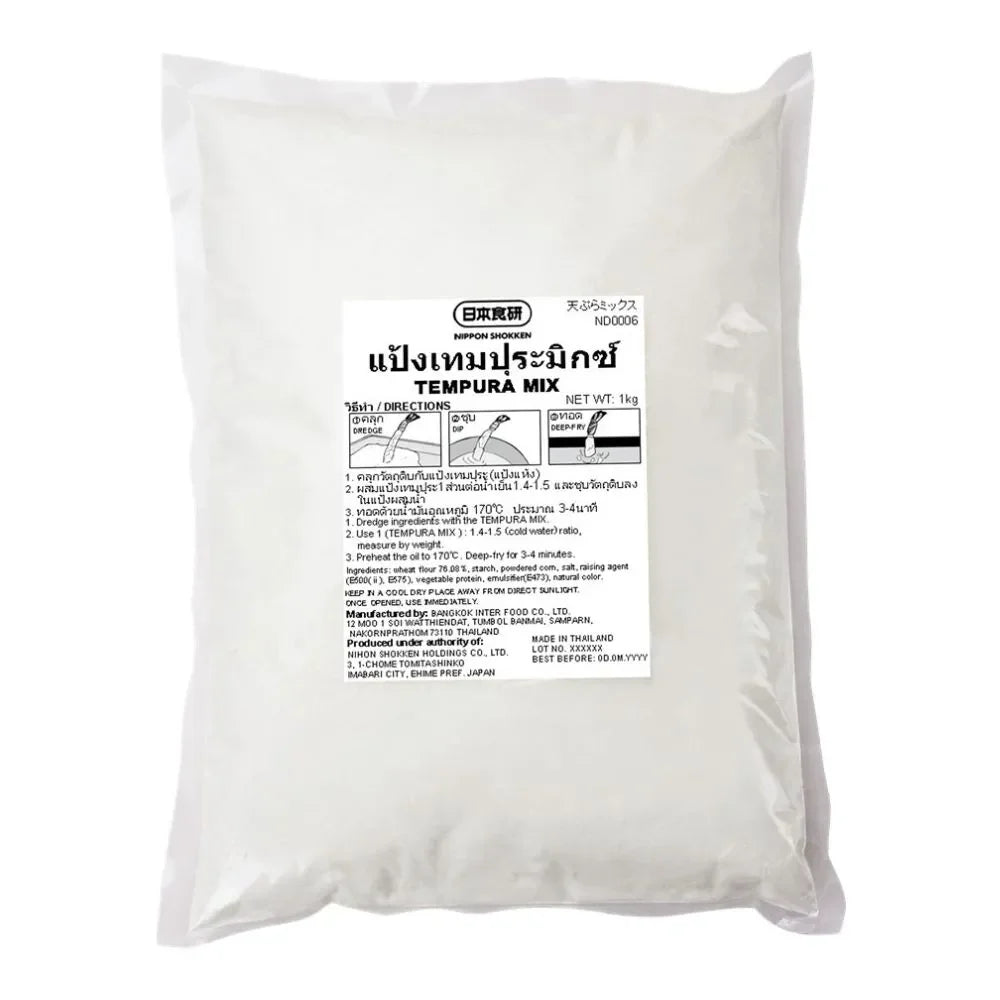 Hanei Nihon Shokken Tempura Mix 1kg in a bag, Japanese-style dry grocery product for crispy tempura batter.