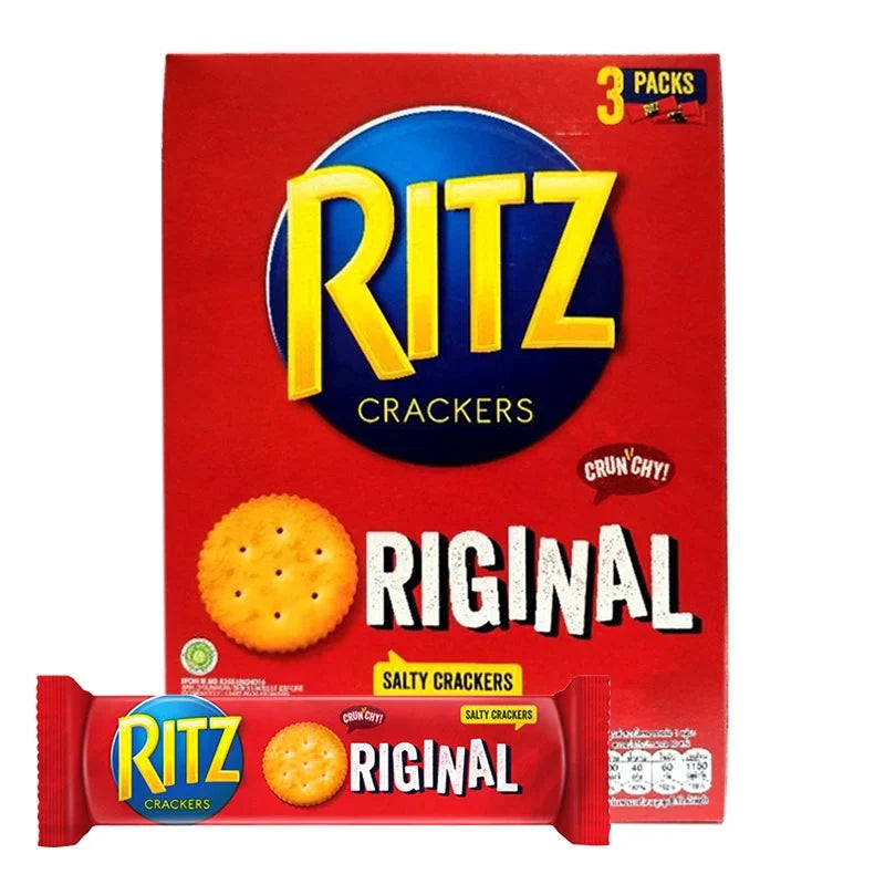 RITZ Ritz Crackers 300g box showing golden, round snack crackers stacked in a clear plastic bag.