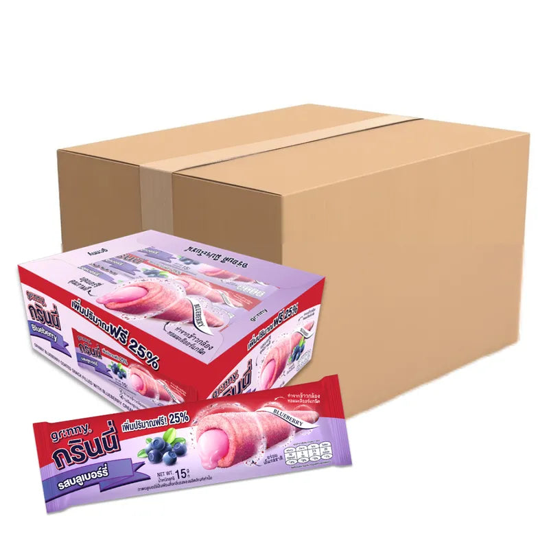 GRINNY blueberry coated snack filled with cream, 15g, shown in a package for dry grocery snack confectionery.