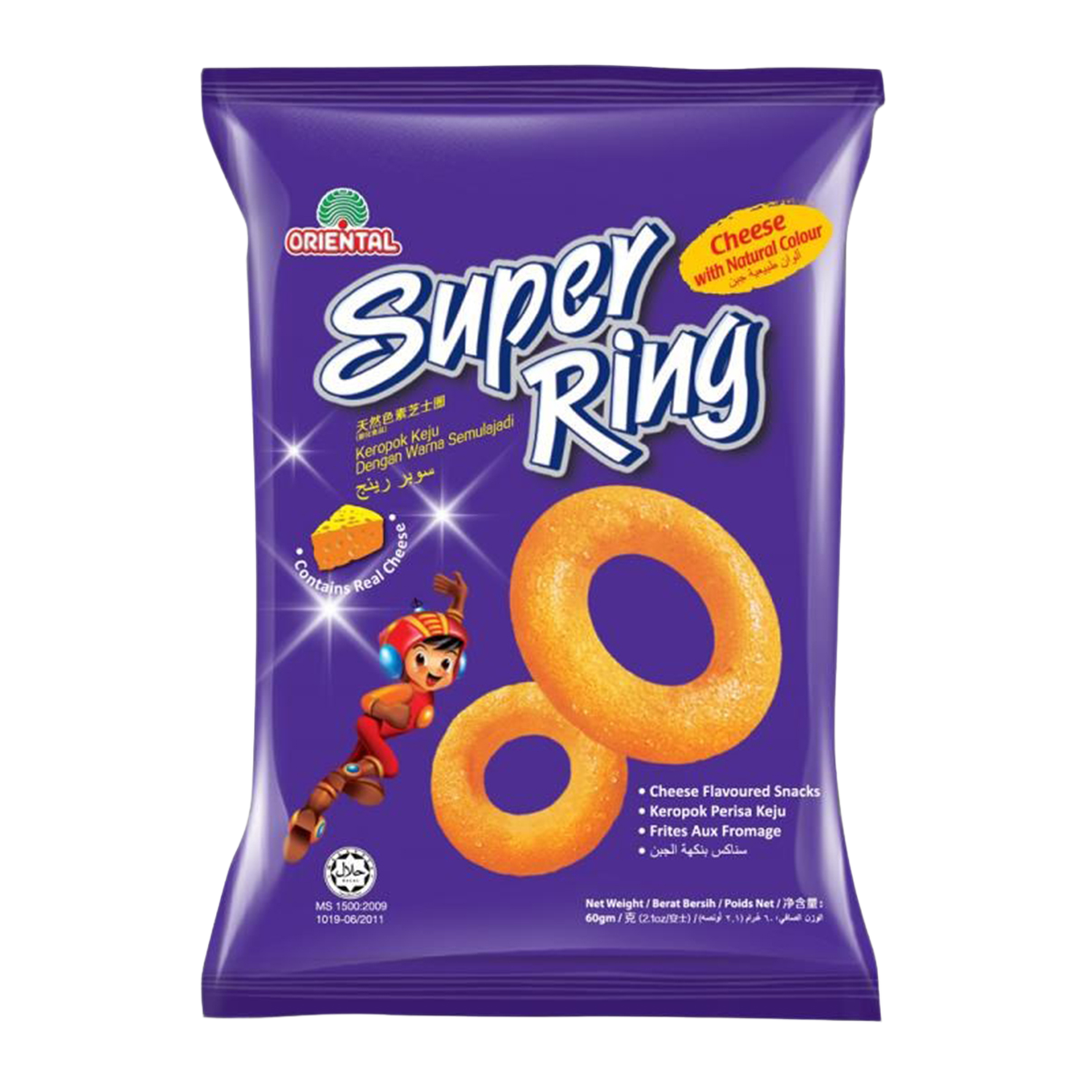 Oriental Superring Cheese Snacks, crispy confectionery cheese snacks in bright packaging, showcasing their ring shape and cheesy texture.