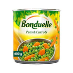 Canned Bonduelle green peas and baby carrots in a 400g container, dry grocery product showing fresh vegetable mixture inside