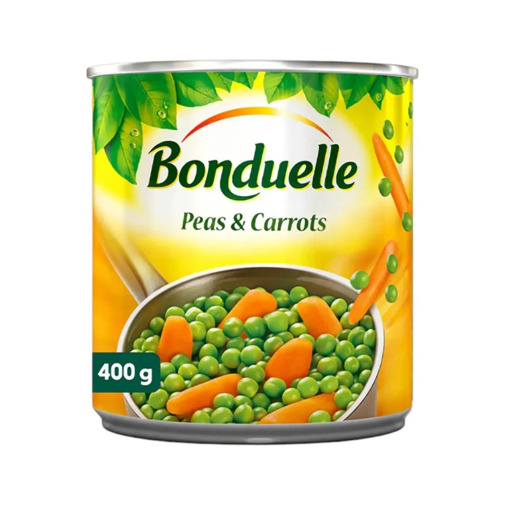 Canned Bonduelle green peas and baby carrots in a 400g container, dry grocery product showing fresh vegetable mixture inside
