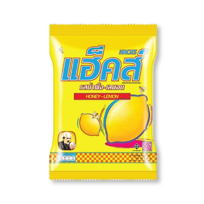 Hacks Candy Honey Lemon 94.5g, a dry grocery snack with honey lemon flavor, in a colorful package showing candies and lemon slices.