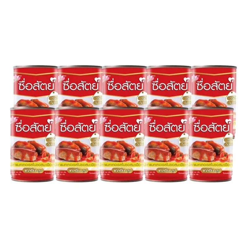 Suesat Mackerel in Tomato Sauce, 10 cans of 155g each, featuring canned fish in savory tomato sauce on a grocery shelf.