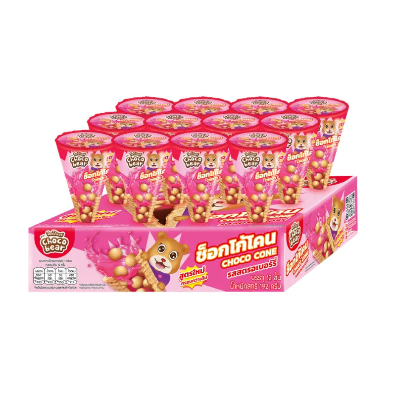 Choco Bear Chococone Strawberry flavor, 16g snack, 12-pack of crispy wafer cones filled with strawberry chocolate.
