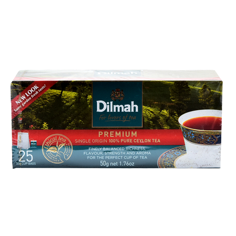 A cup of Dilmah Premium Tea served in a glass, showcasing its rich color and inviting appearance.