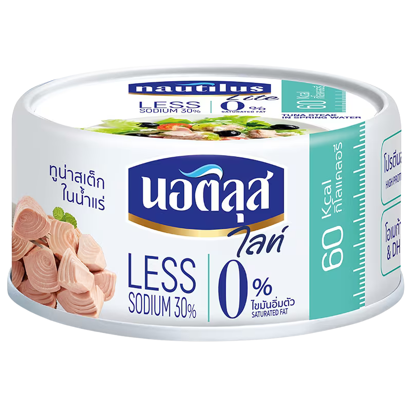 Canned Nautilus Tuna in spring water, lite version, with a pull-tab lid, ready for seafood recipes or salads.