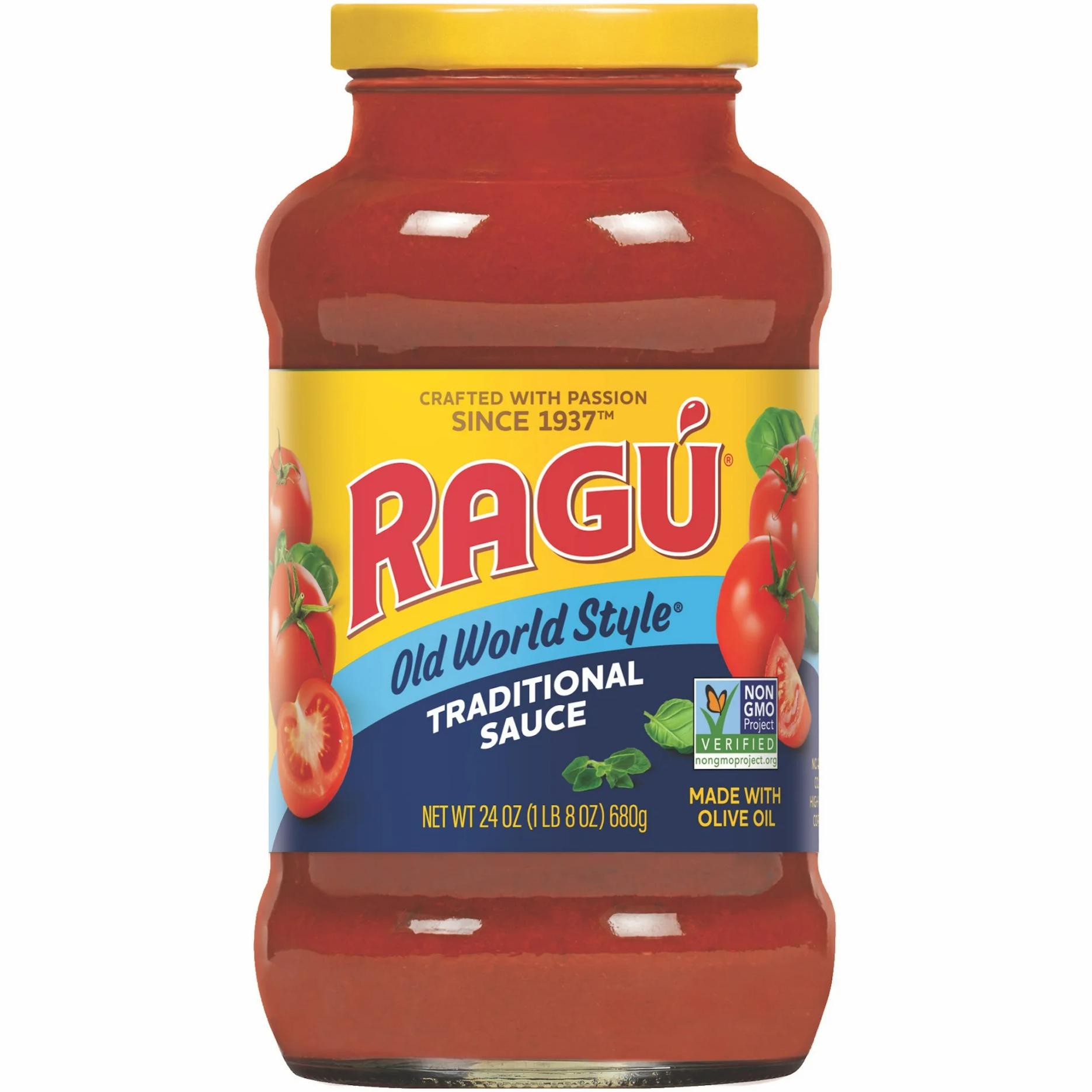 Jar of Ragu Traditional Pasta Sauce with label visible, placed on a grocery store shelf.
