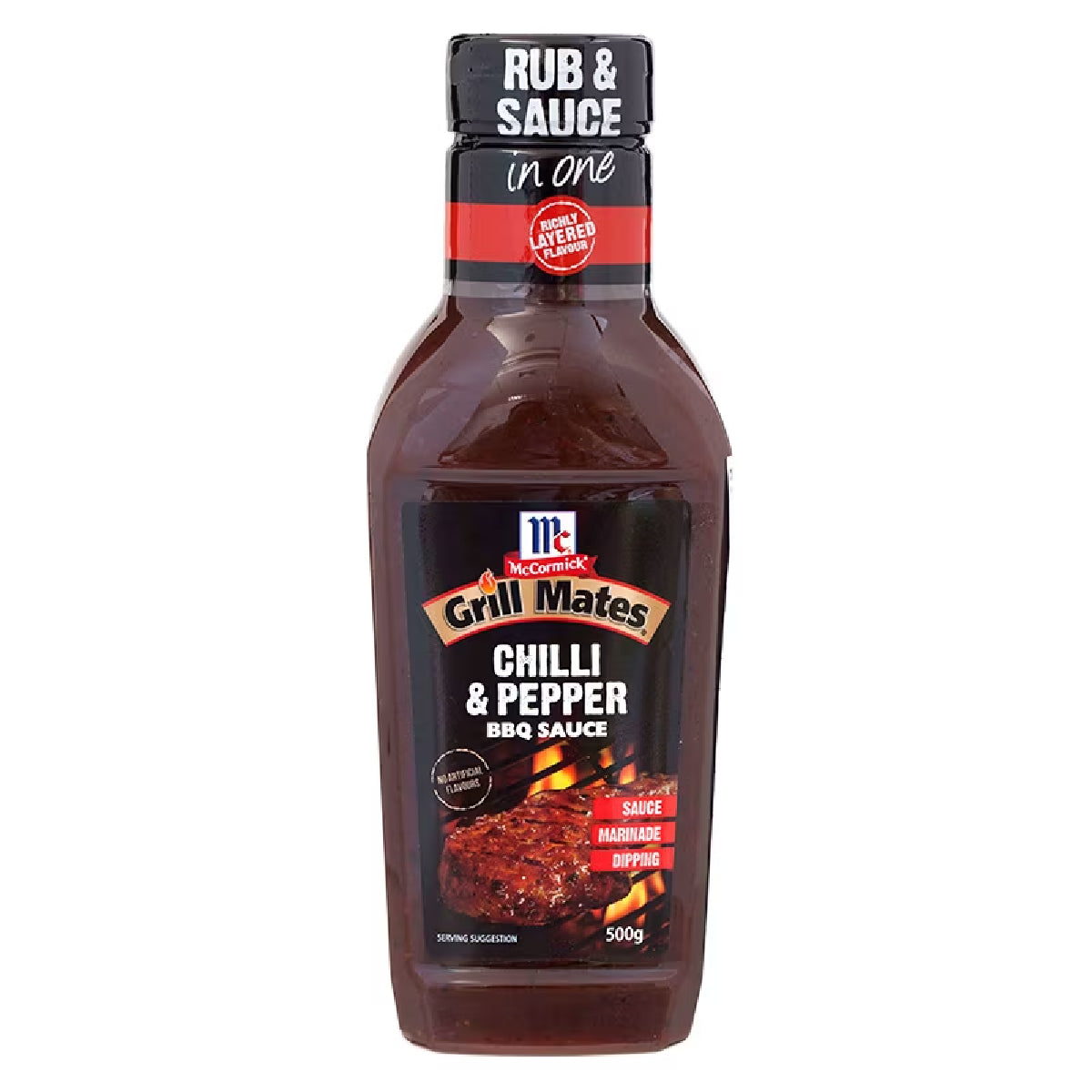 Bottle of McCormick Chilli & Pepper BBQ Sauce, with label showing red chili peppers and black peppercorns on a grocery shelf.