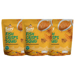Chaolay Fish Crisps with Squid, 40g packs, showing crispy seafood snacks in colorful packaging.