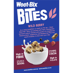 Sanitarium Weet Bix Bites Wild Berry breakfast cereal in a colorful bowl with berries and grains, ready to eat.
