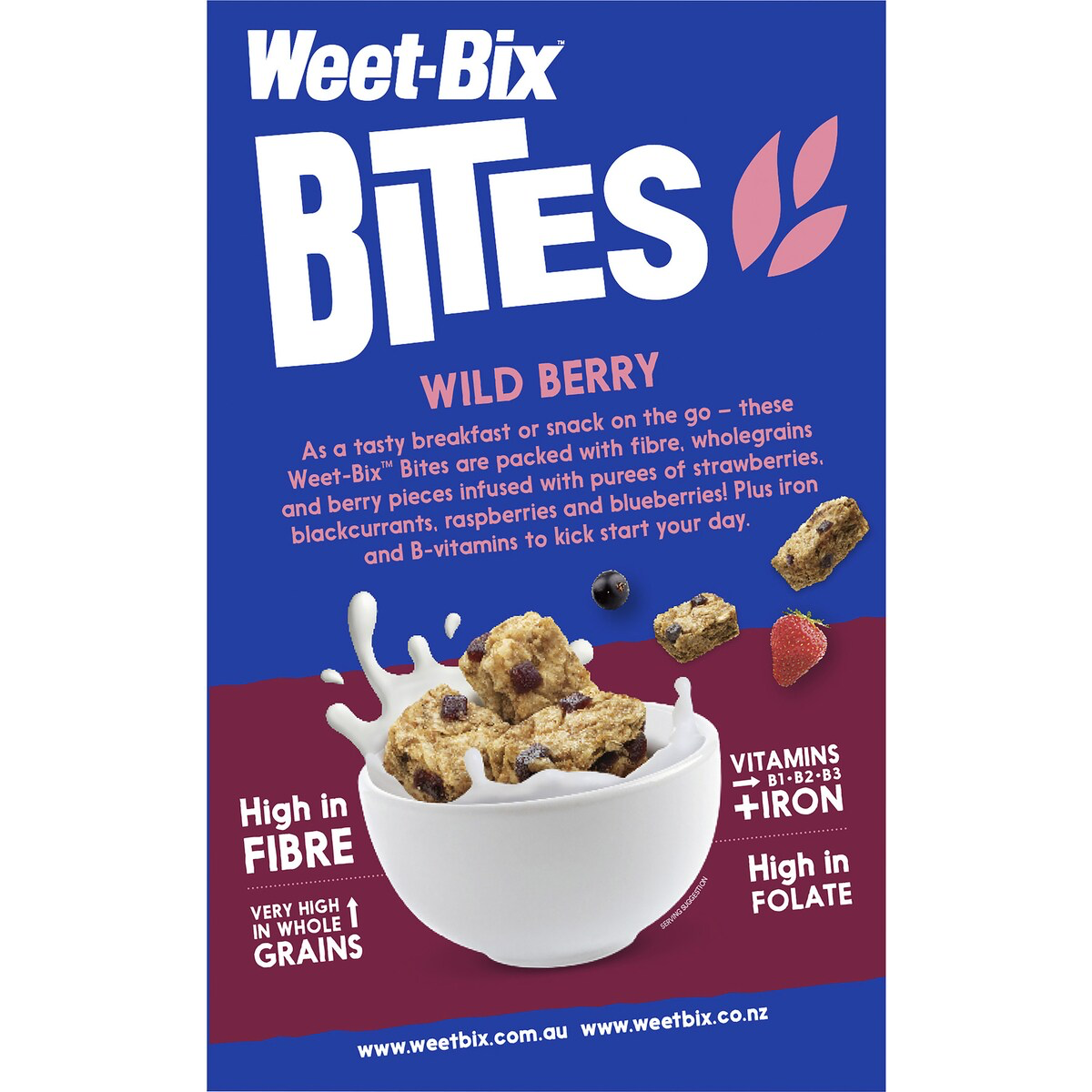 Sanitarium Weet Bix Bites Wild Berry breakfast cereal in a colorful bowl with berries and grains, ready to eat.