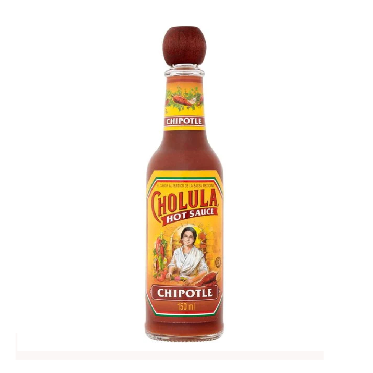 Cholula Chipotle Hot Sauce bottle with label, featuring bright red chili pepper design on a grocery store shelf.