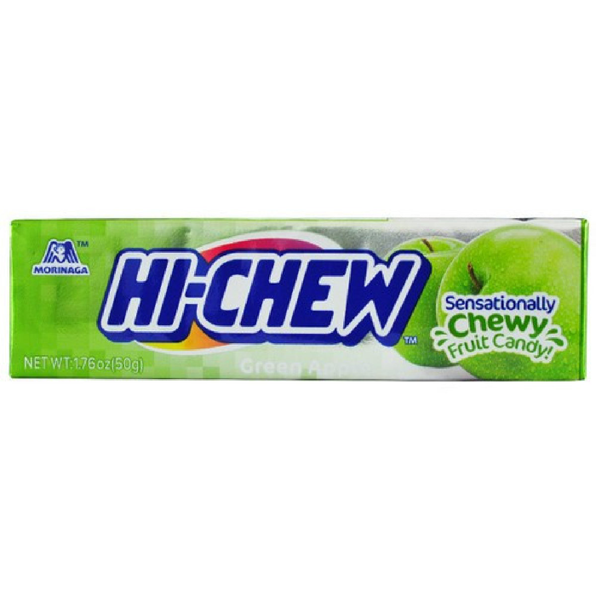 Morinaga Hi Chew Apple confectionery snack showing colorful chewy apple-flavored candies in bright packaging.