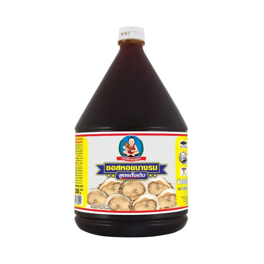 Deksomboon Oyster Sauce 2300g jar, a rich dark sauce for cooking, shown in a clear glass jar with a metal lid.