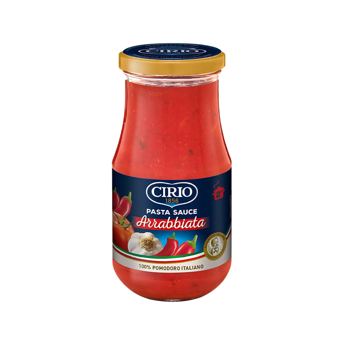 Jar of Cirio Arrabbiata Sauce with red chili peppers and tomato base, ready for pasta or cooking.