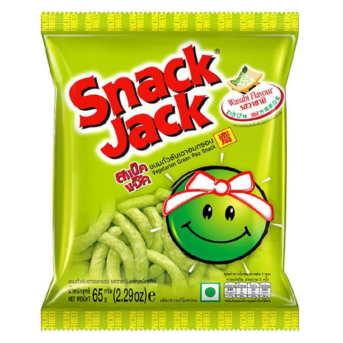 Snack Jack Green Pea Snack with Wasabi flavor, crispy confectionery snack in vibrant packaging, perfect for savory snack lovers.