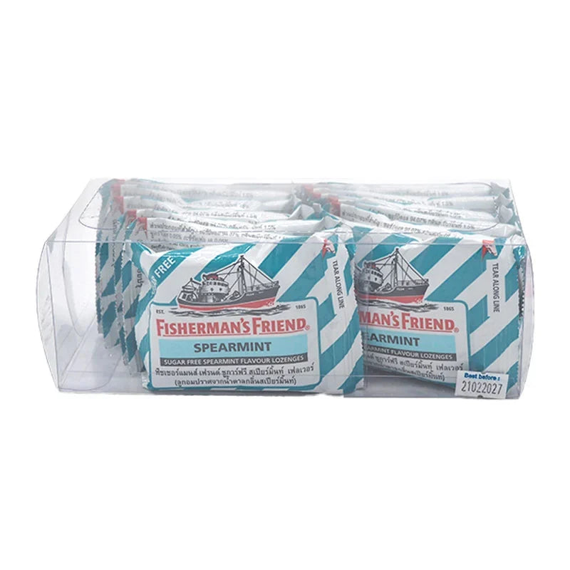 Fisherman's Friend Spear Mint Lozenges in a pack of 12, featuring dry grocery mint candies from the FISHERMAN'S FRIEND brand.
