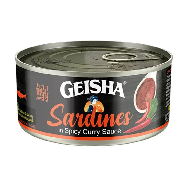 Cans of GEISHA Sardines in Spicy Curry Sauce, 120g, dry grocery product with sardines packed in flavorful spicy curry sauce.