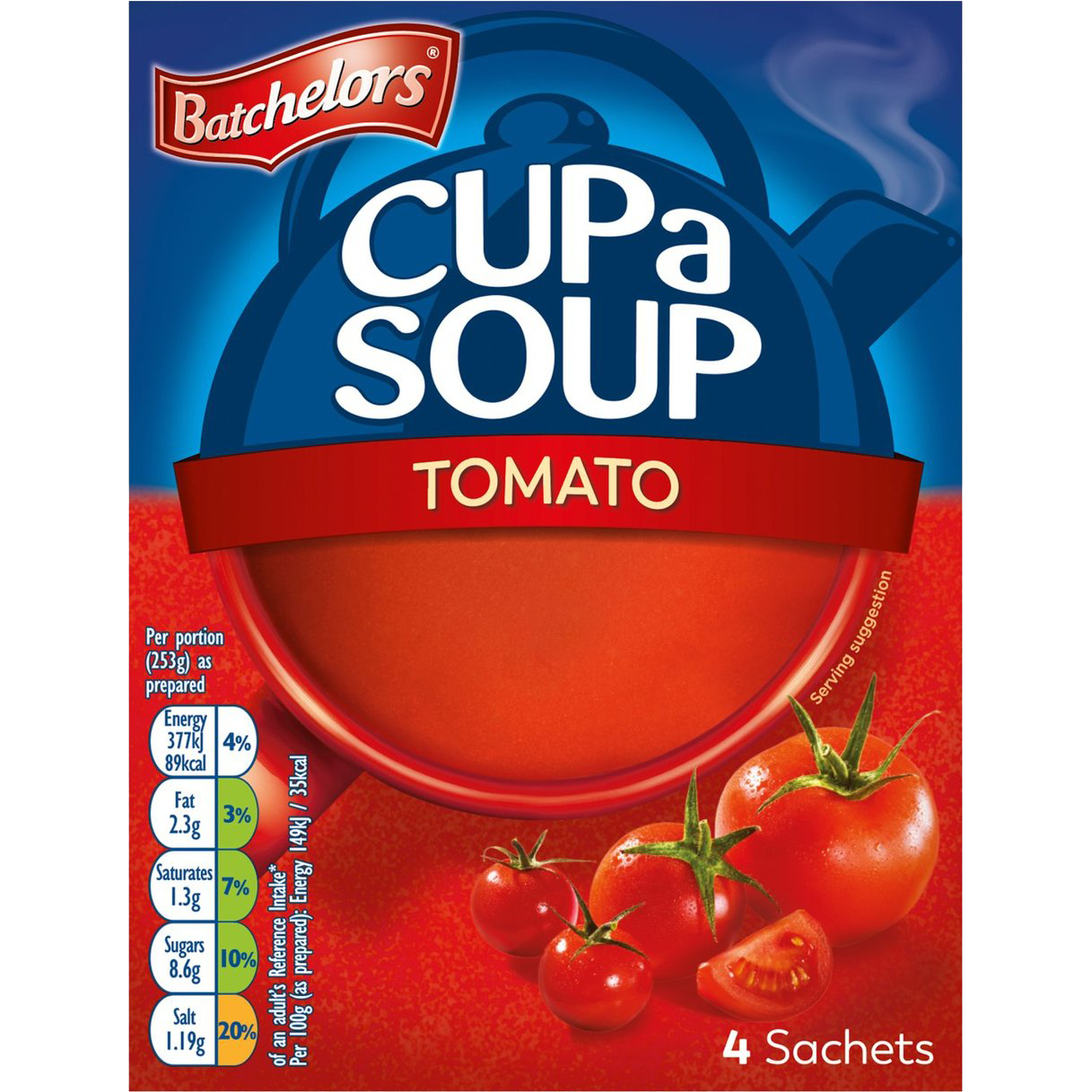 Packet of Batchelors Instant Tomato Soup in bright red packaging, with a bowl of prepared tomato soup on the front.