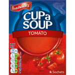 Packet of Batchelors Instant Tomato Soup in bright red packaging, with a bowl of prepared tomato soup on the front.
