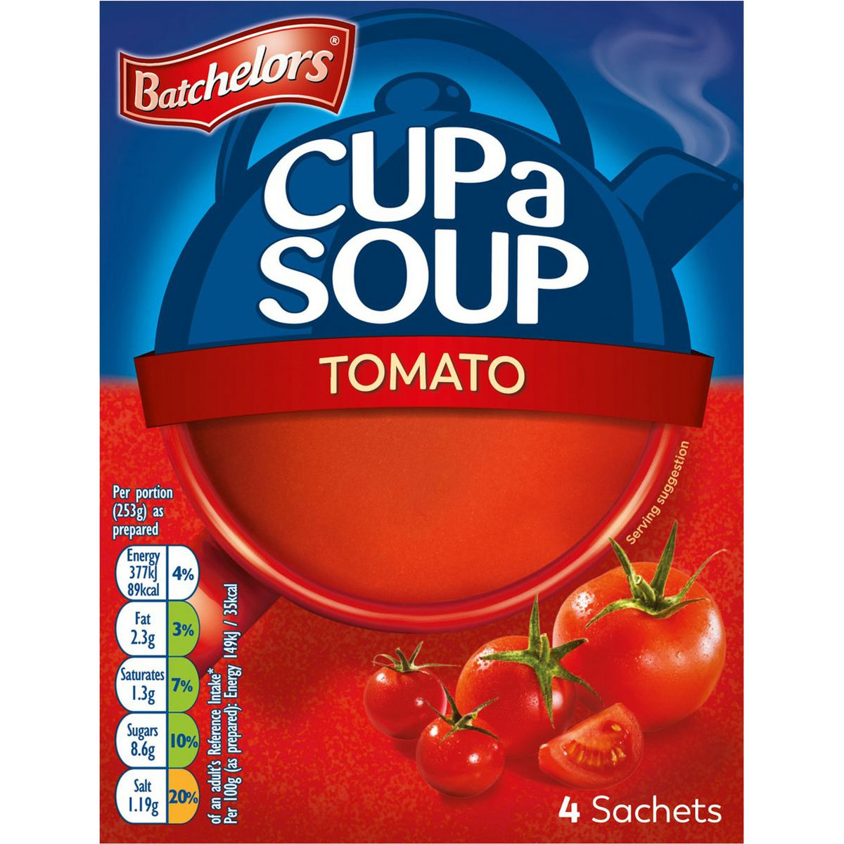 Packet of Batchelors Instant Tomato Soup in bright red packaging, with a bowl of prepared tomato soup on the front.