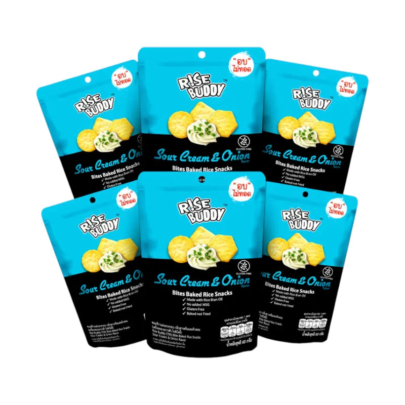 Rise Buddy Crispy Rice Snacks in Sour Cream Onion flavor, dry grocery snack with crunchy rice treats in a colorful package.