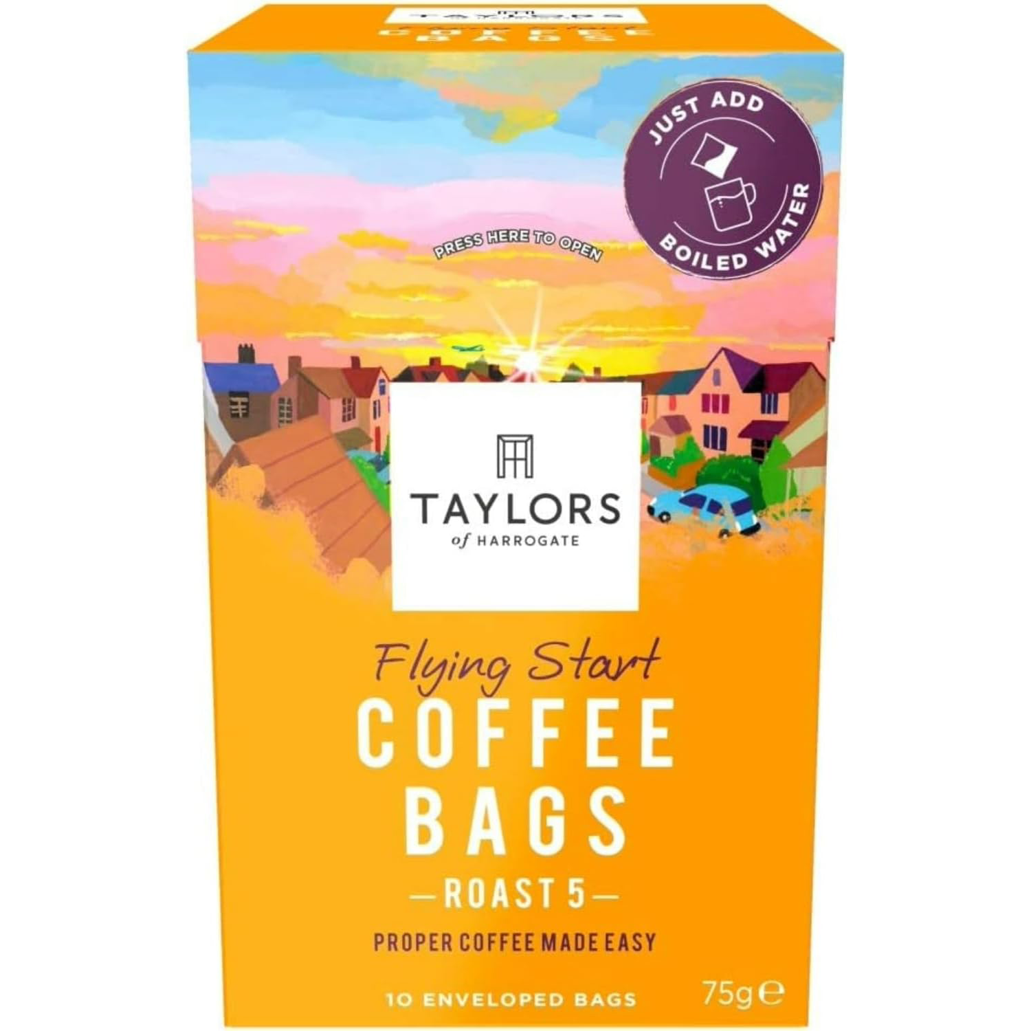 Taylors Flying Start Coffee Bags, ready-to-drink coffee beverage with black packaging and branding, on a plain background.