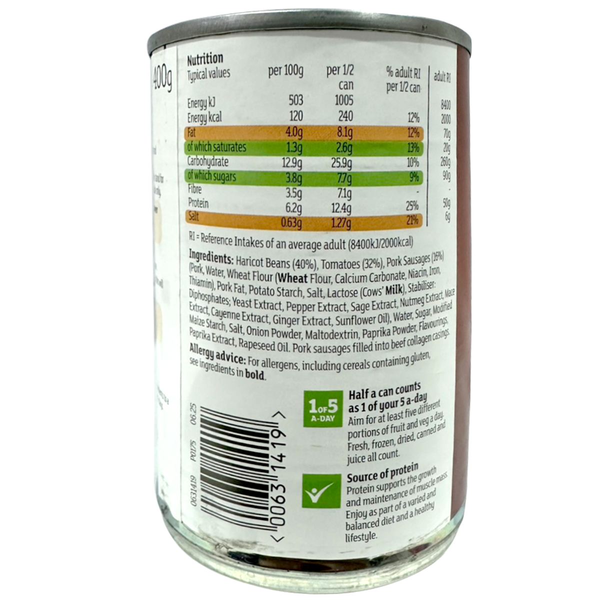 Can of Sainsbury's baked beans in tomato sauce with sausages, featuring a label with beans, sausages, and tomato sauce on the can.