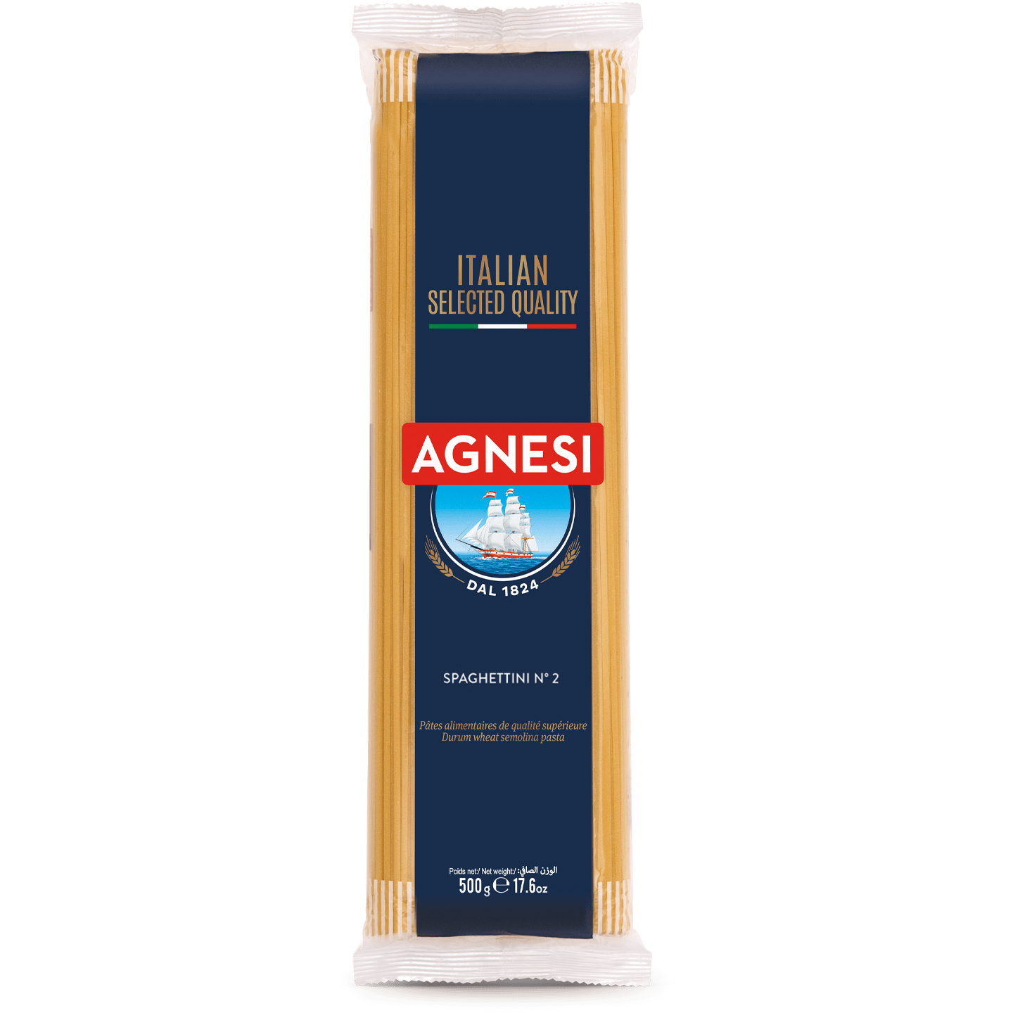 Agnesi Spaghettini #2 pasta in a clear package with the Agnesi brand label, ready for cooking.
