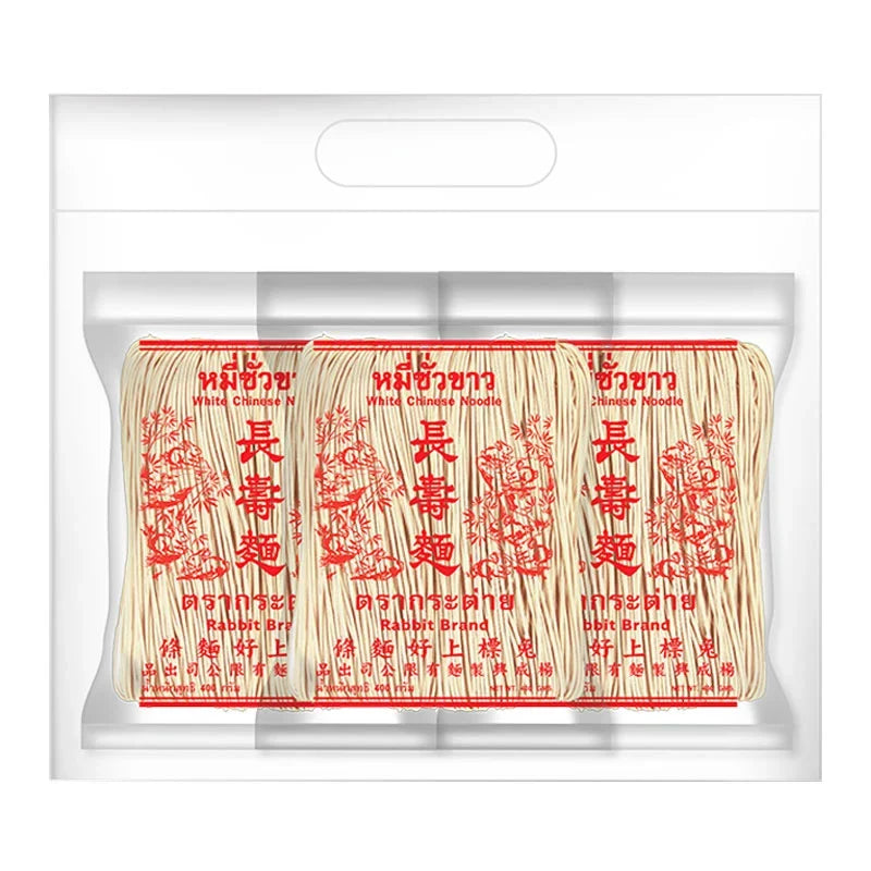 Dry Rabbit Chinese Noodle White 400g pack, showing three packages of Asian-style dry wheat noodles with simple packaging.