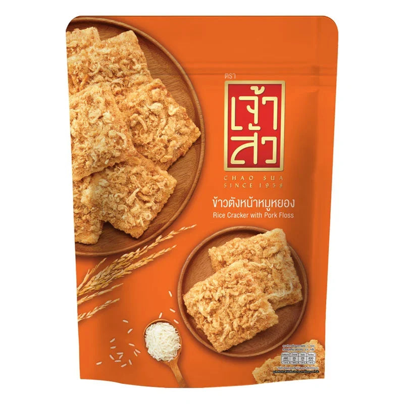 Chao SUA Rice Cracker with Pork Floss in 80g package, Asian snack, dry grocery, crispy rice snack with pork floss topping