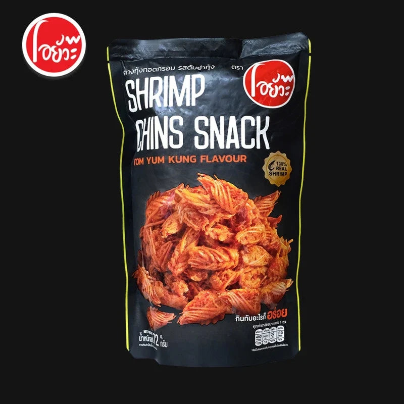 O-yua Crispy Fried Shrimp Chins snack in Tom Yum Kung flavor, 72g, with crunchy shrimp chips and bold Thai spice flavor