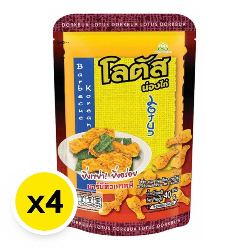 Lotus Chicken Stick BBQ Korean flavor snack pack, 40g x 4, dry grocery snack with crispy chicken sticks in BBQ seasoning.